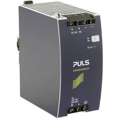 Ein Hutschienen-Schaltnetzteil der Marke Puls Dimension mit 24V DC Ausgang und 10A, geeignet für 100-240V AC Eingangsspannung.