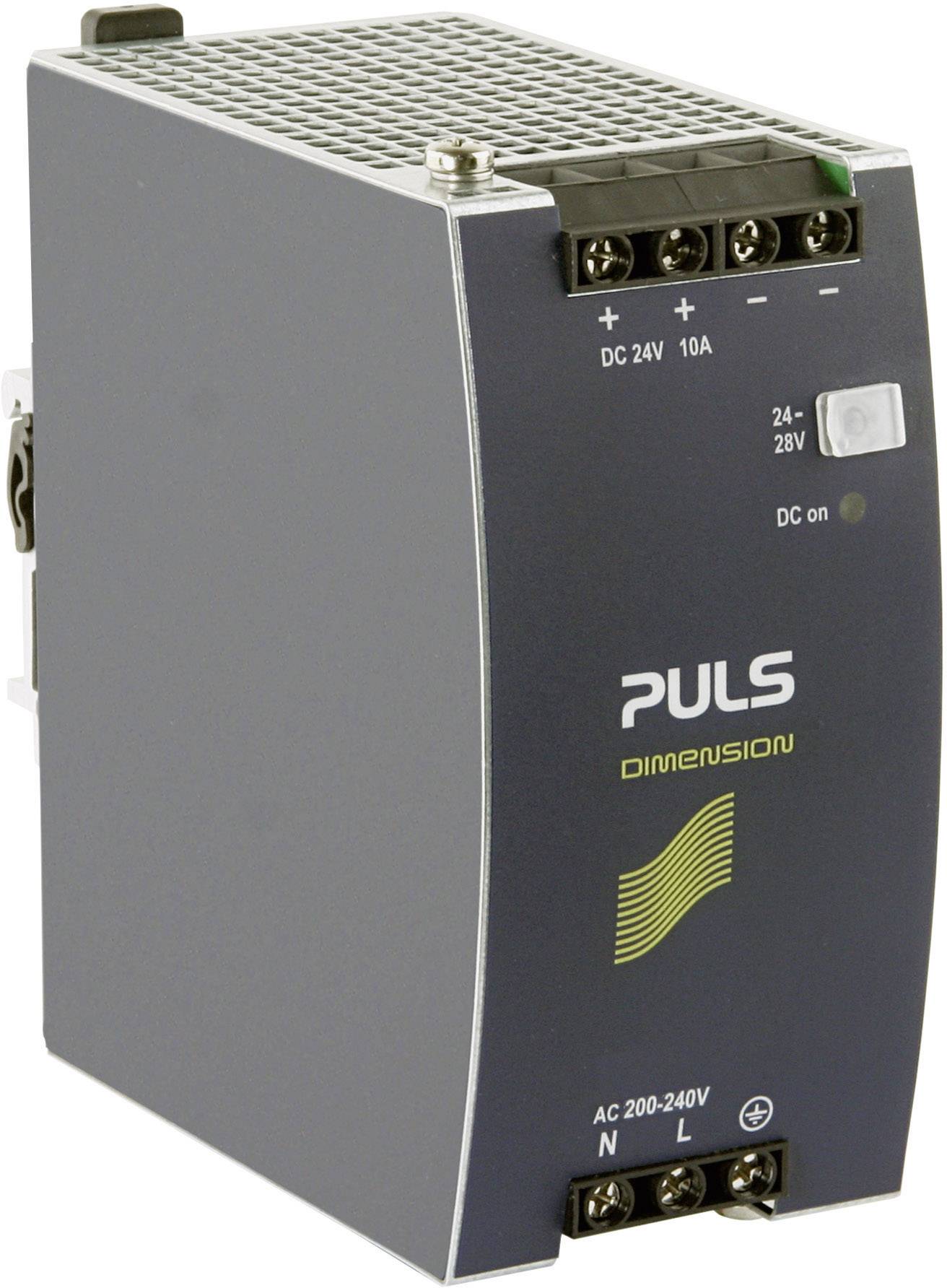 Grau-schwarzes Netzteil mit der Aufschrift 'PULS Dimension', Anschlüsse oben, LED-Anzeige und Schalter an der Seite, geeignet für 200-240V AC.