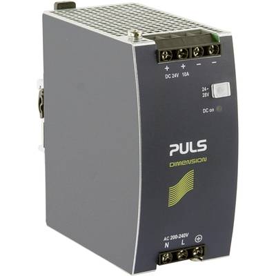 Grau-schwarzes Netzteil mit der Aufschrift 'PULS Dimension', Anschlüsse oben, LED-Anzeige und Schalter an der Seite, geeignet für 200-240V AC.