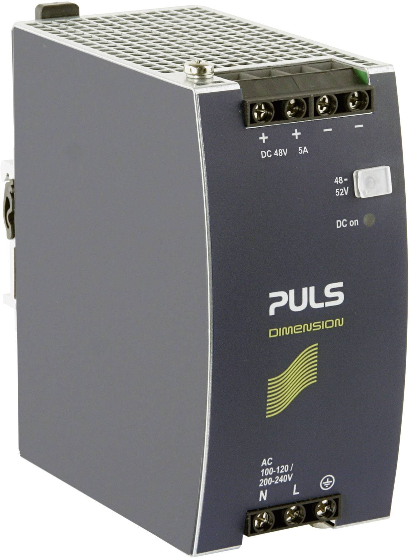 Ein dunkelgraues Puls-Netzteil mit weißer Beschriftung: 'DC 48V 5A', 'AC 100-120/200-240V'. Gerätefront zeigt ein silbernes Lüftergitter.
