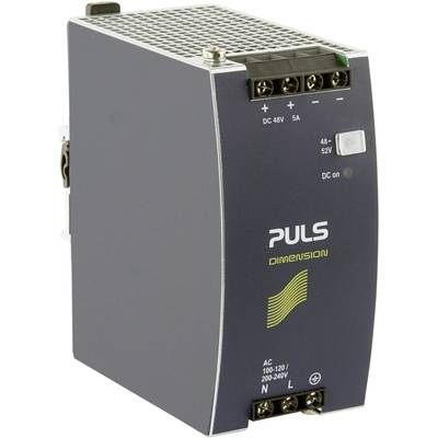 Ein dunkelgraues Puls-Netzteil mit weißer Beschriftung: 'DC 48V 5A', 'AC 100-120/200-240V'. Gerätefront zeigt ein silbernes Lüftergitter.