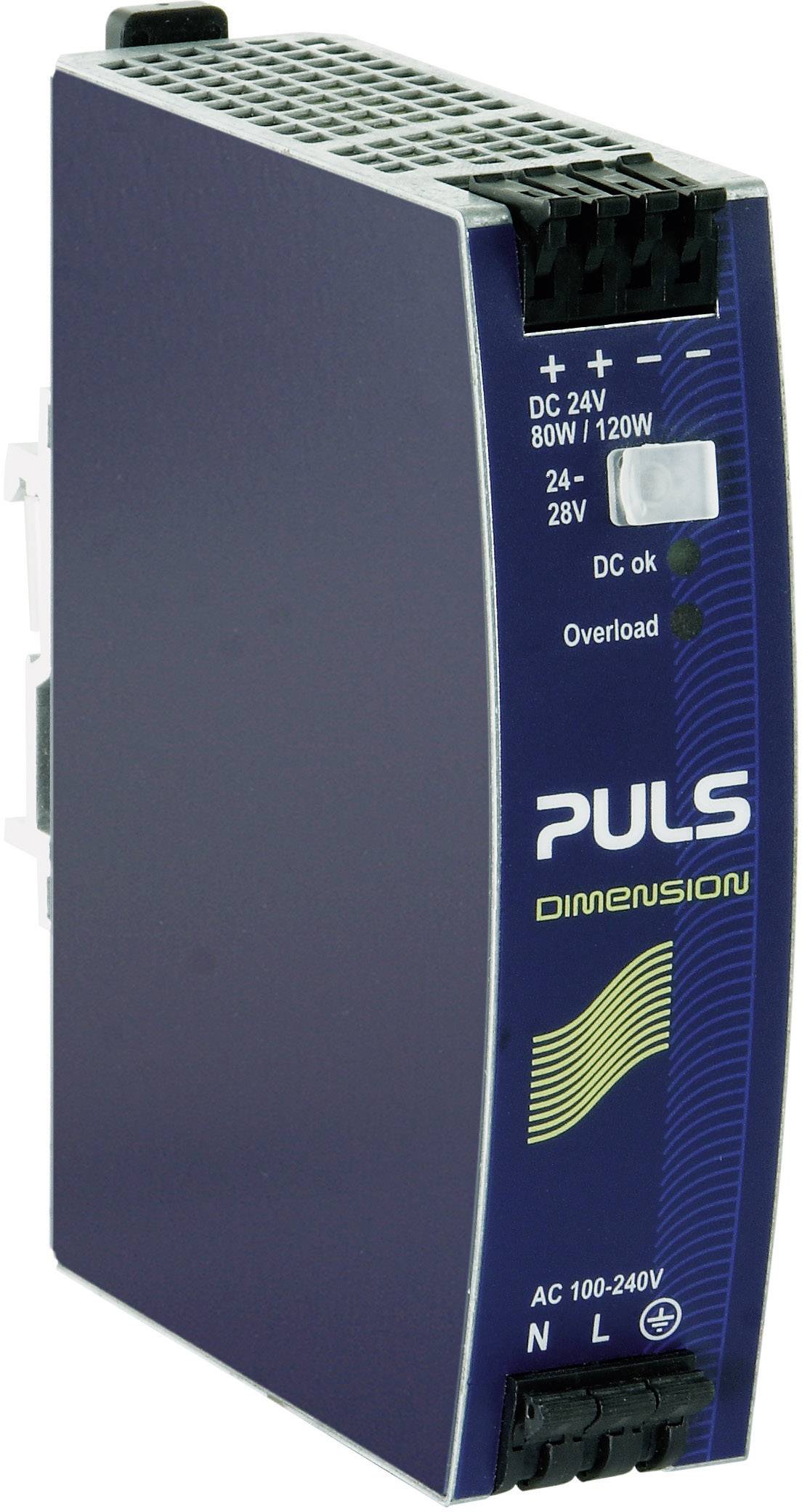 Stromversorgungseinheit mit blauer Front und weißem Text 'PULS DIMENSION'. Eingangsbereich: 100-240V AC, Ausgang: 24V DC, Leistung: 80W/120W.