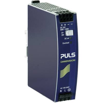 Stromversorgungseinheit mit blauer Front und weißem Text 'PULS DIMENSION'. Eingangsbereich: 100-240V AC, Ausgang: 24V DC, Leistung: 80W/120W.