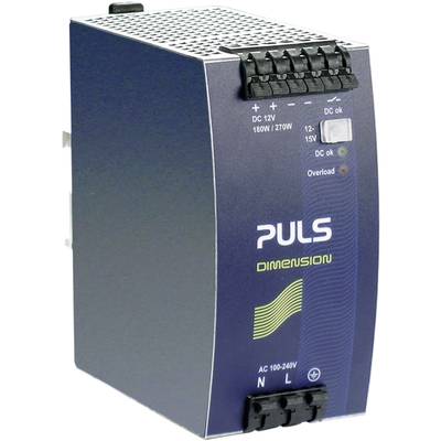 Industrielle Schaltnetzteil-Modul mit Aufschrift 'PULS DIMENSION', DC-Spannungsangaben und Statusleuchten auf der Vorderseite.