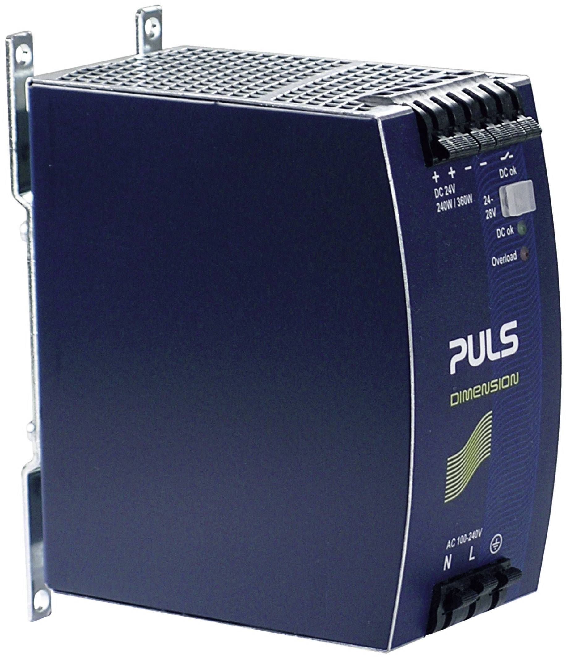 Ein blaues Netzteil mit der Aufschrift 'PULS Dimension', montiert an einer Metallhalterung, geeignet für industrielle Anwendungen.