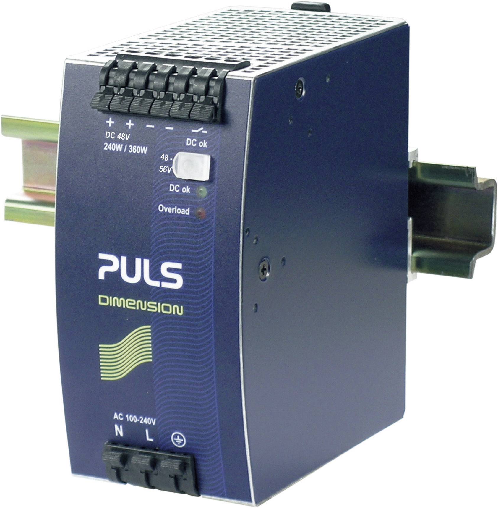 Ein blaues elektrisches Netzteil mit der Aufschrift 'PULS DIMENSION'. Es ist für Montage auf einer DIN-Schiene vorgesehen.