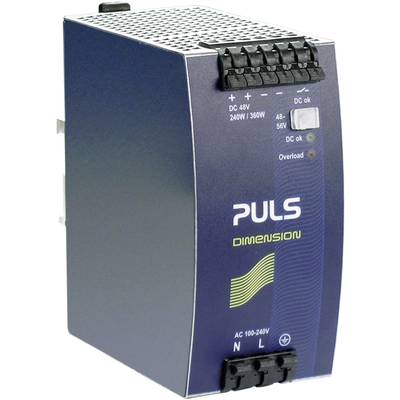 Puls-Stromversorgungseinheit mit Gehäuse und mehreren Anschlüssen. Eignet sich für industrielle Anwendungen zur Spannungsregelung und Stromversorgung.