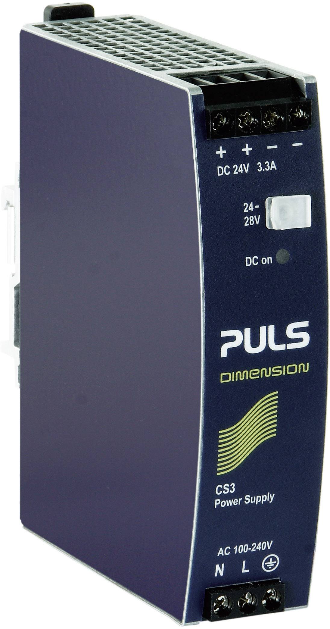'PULS CS3 Stromversorgungseinheit mit DC-Ausgang 24-28V, 3,3A. Vorderseite zeigt Netz-Anschlüsse und LED-Anzeige für Betriebsstatus.'
