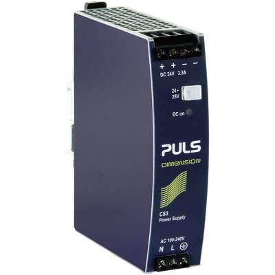 'PULS CS3 Stromversorgungseinheit mit DC-Ausgang 24-28V, 3,3A. Vorderseite zeigt Netz-Anschlüsse und LED-Anzeige für Betriebsstatus.'