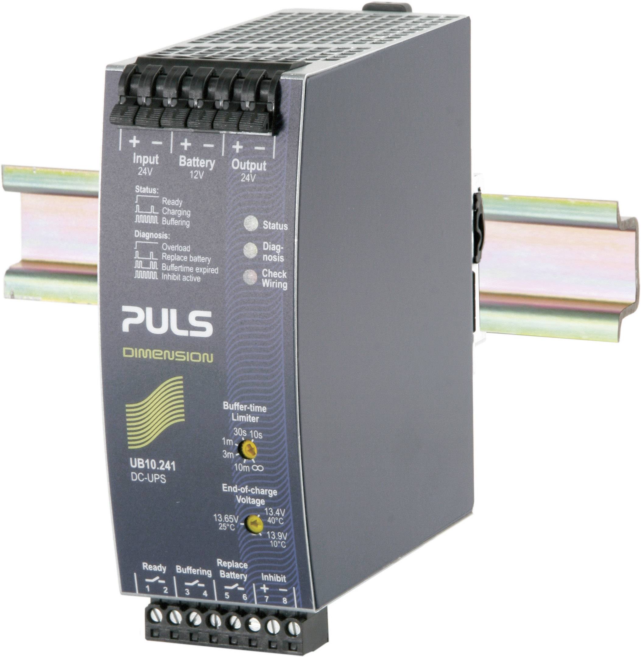 'PULS DIMENSION DC-USV-Modul auf einer Hutschiene montiert. Zeigt Eingangs- und Ausgangsanschlüsse sowie Statusanzeige für Batterie und Stromversorgung.'