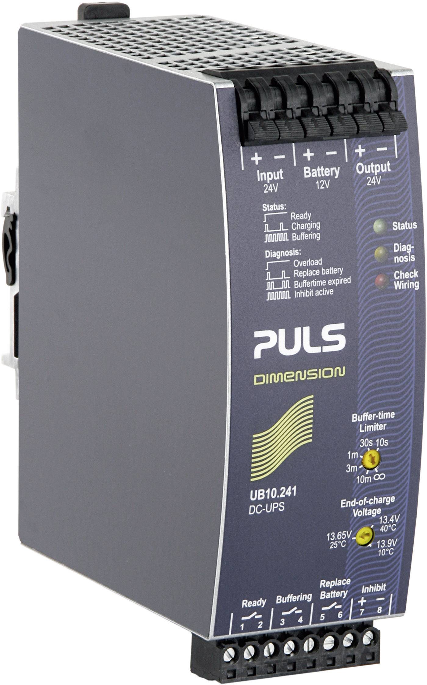'Schaltnetzteil von PULS Dimension für 24V- oder 12V-Batterie. Zeigt Eingangs-, Batterie- und Ausgangsstatus an. Modell UB10.241.'