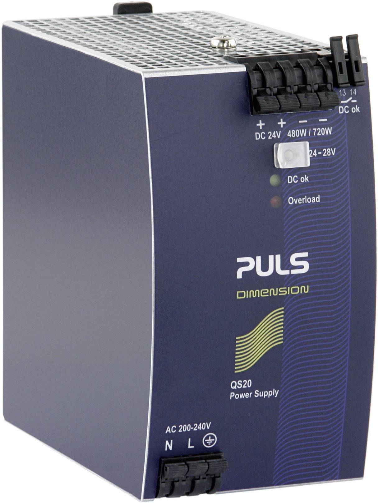 Ein Schaltnetzteil von PULS mit der Bezeichnung 'Dimension QS20' liefert 24 bis 28 V Gleichstrom. Gehäuse in blau mit Statusanzeigen.