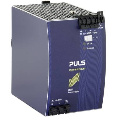 Ein blaues Netzteil der Marke PULS mit der Aufschrift 'DIMENSION QS20'. Es zeigt LEDs zur Statusanzeige und gibt Stromstärken an.