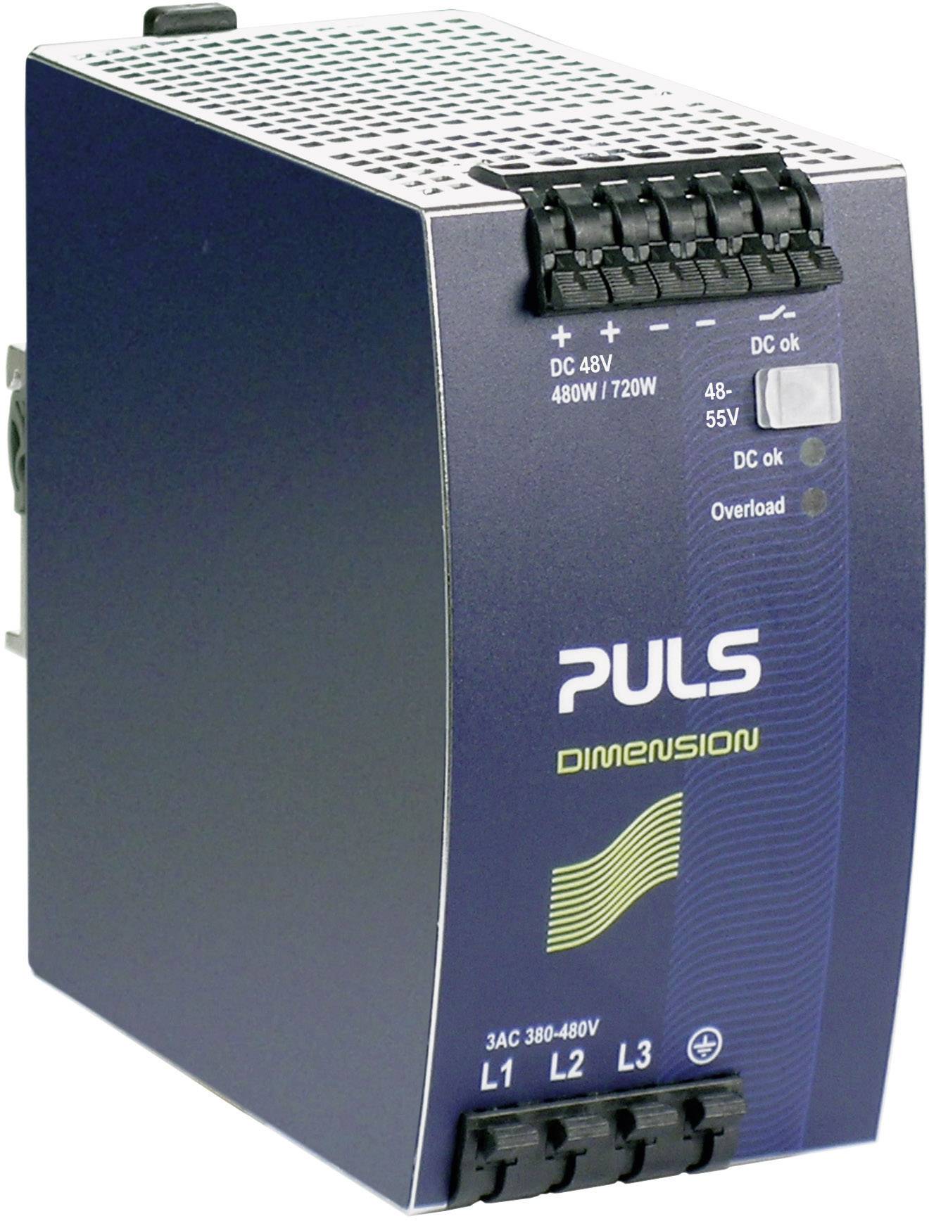 Industrienetzteil von PULS, Modell 'DIMENSION'. Gehäuse in Blau und Grau, Stromanschlüsse oben. Beschriftungen in Weiß und Gelb.