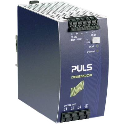 Industrienetzteil von PULS, Modell 'DIMENSION'. Gehäuse in Blau und Grau, Stromanschlüsse oben. Beschriftungen in Weiß und Gelb.