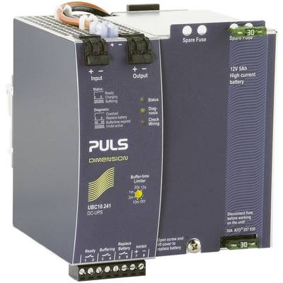 Das Bild zeigt eine blaue PULS Dimension DC-USV mit Eingangs- und Ausgangsanschlüssen sowie Statusanzeigen für Ladezustand und Diagnose.