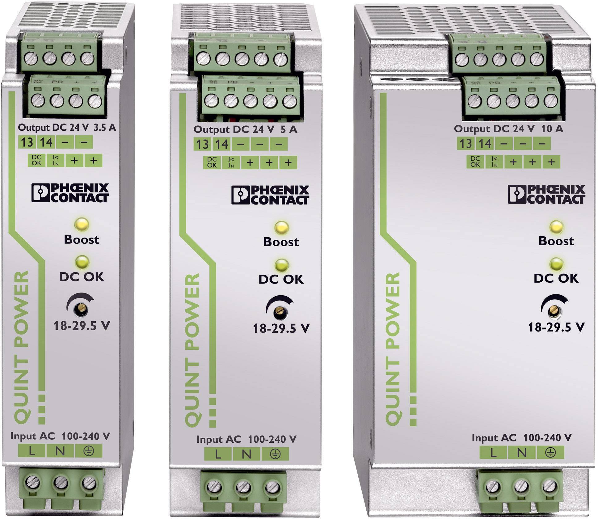 'Drei Netzteile von Phoenix Contact mit Beschriftung QUINT POWER. Links: 3,5A, rechts: 10A. Alle mit grünem Design und Anschlüssen oben.'