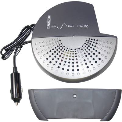 Ein grauer Spannungswandler mit Kabel und Stecker, beschriftet mit 'Echt Sinus SW-100', zum Anschluss an den Zigarettenanzünder eines Autos.