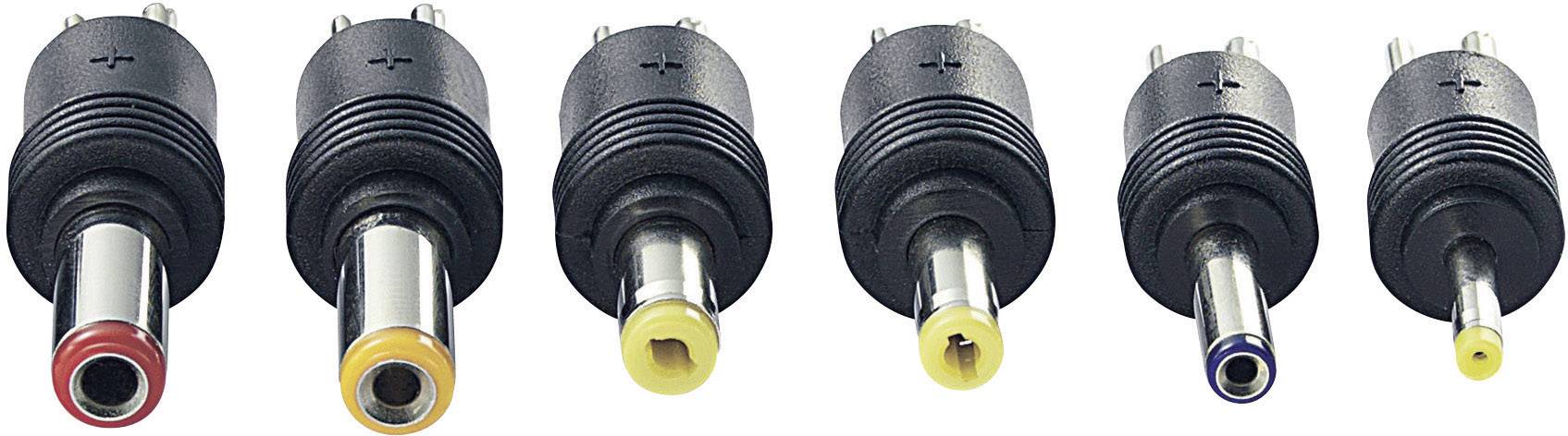 Sechs verschiedene zylindrische Adapterstecker in einer Reihe, farblich markiert an den Spitzen: rot, gelb, orange, grün, blau.
