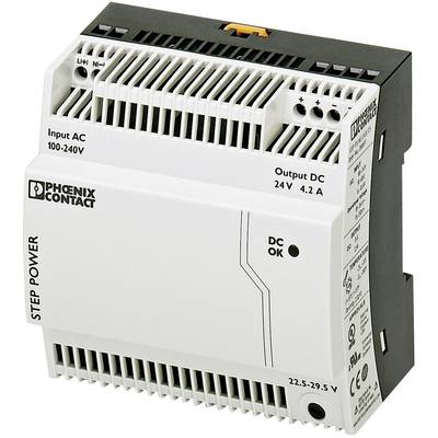 Ein Netzteil von Phoenix Contact, Modell STEP POWER, Eingang AC 100-240V, Ausgang DC 24V 4,2A, mit Statusanzeige "DC OK".
