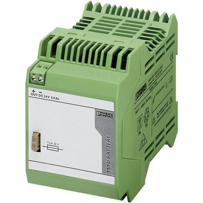 Grünes, rechteckiges Mini-Batterie-Modul mit Aufschrift 'OUT DC 24V 0,8 Ah' und Hersteller-Logo von Phoenix Contact.