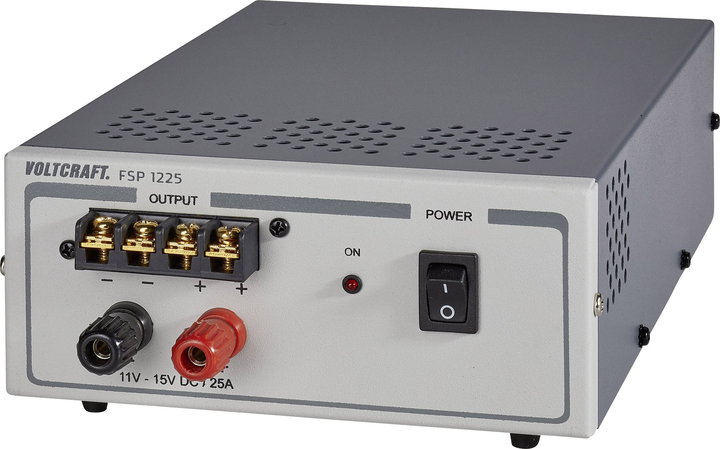 'Voltcraft FSP 1225' Gleichspannungsnetzteil mit Ein-/Ausschalter, Lüftungsschlitzen, und Ausgängen für elektrische Anschlüsse, 11V-15V DC, 25A.
