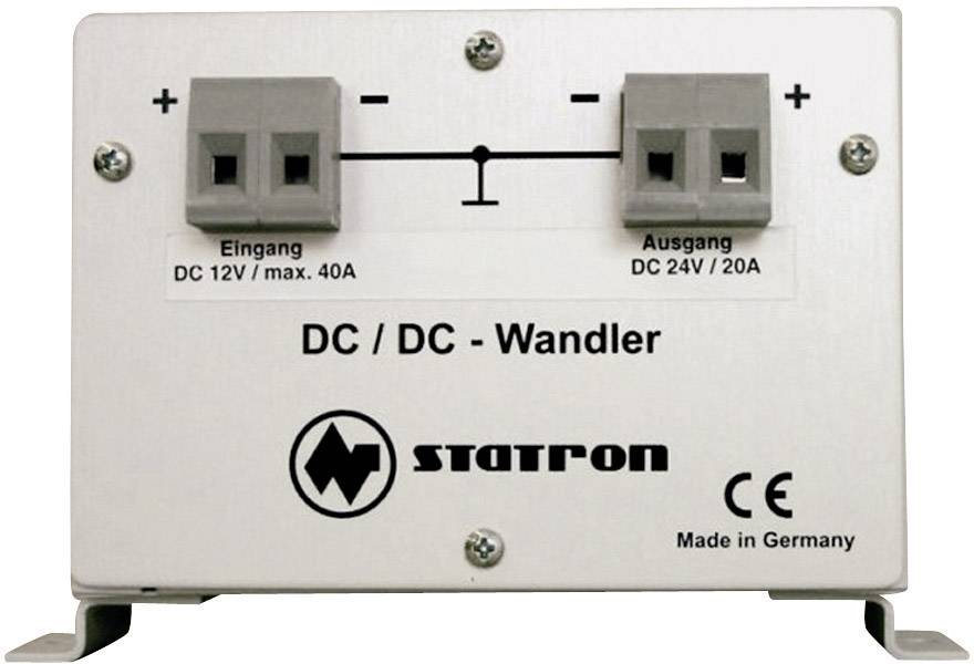 Grau-weißer DC/DC-Wandler von Statron, "Eingang: DC 12V/max. 40A", "Ausgang: DC 24V/20A", mit Plus- und Minus-Anschlüssen. Made in Germany.