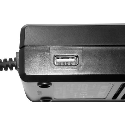 Nahaufnahme eines rechteckigen Ladegeräts mit USB-Anschluss an der Seite, schwarzes Gehäuse.