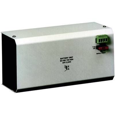Metallene Batterieeinheit mit einem roten Sicherungshalter und grünen Anschlüssen. Beschriftet 'Batterieeinheit 24V 2,5Ah'.