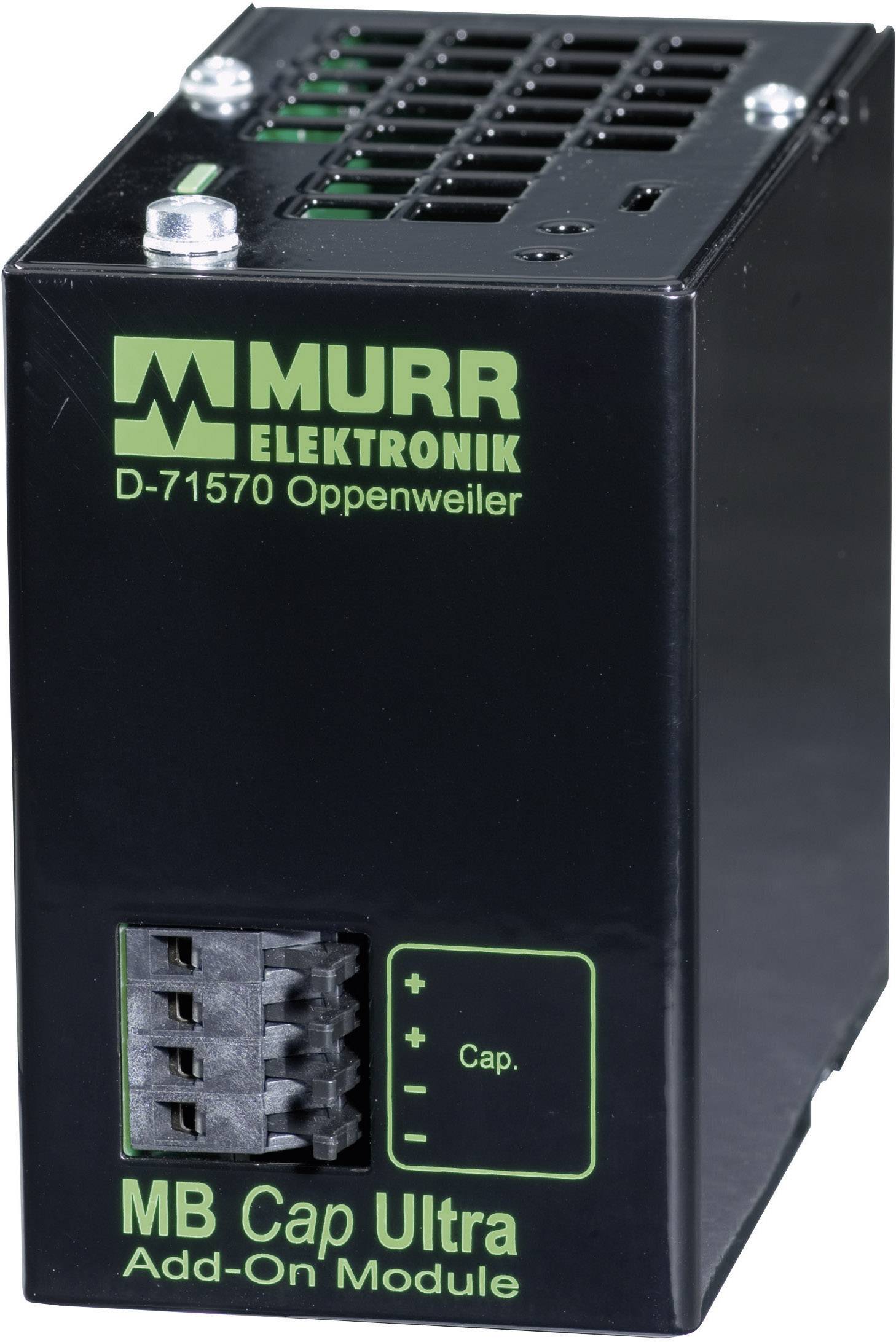 'Murrelektronik MB Cap Ultra Add-On Modul, D-71570 Oppenweiler' steht auf einem schwarzen Gerät mit grüner Schrift, Funktion unbekannt.