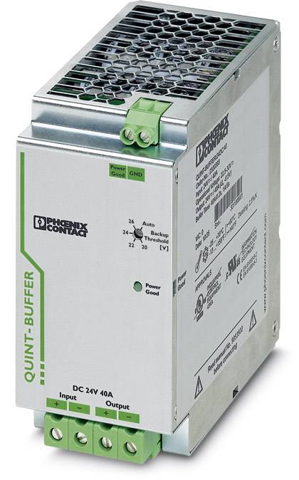 Kompaktes Stromversorgungsgerät mit der Aufschrift 'QUINT-BUFFER' für eine Eingangsspannung von DC 24V und 40A; grüner Anschlussblock.