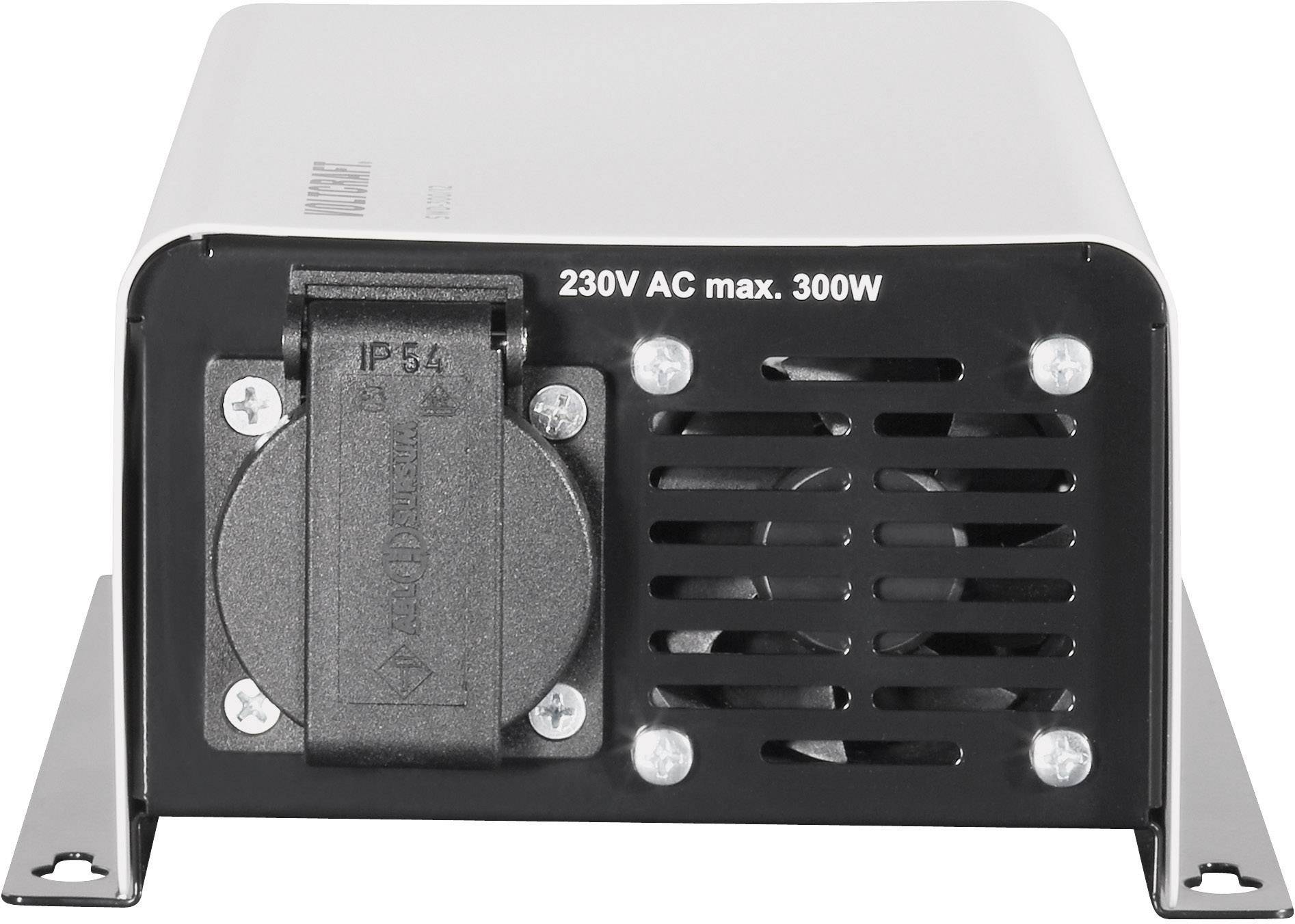 Weißes elektrisches Gerät, Vorderseite mit einer Steckdose und einem Ventilator. Aufschrift '230V AC max. 300W', Schutzklasse IP54.