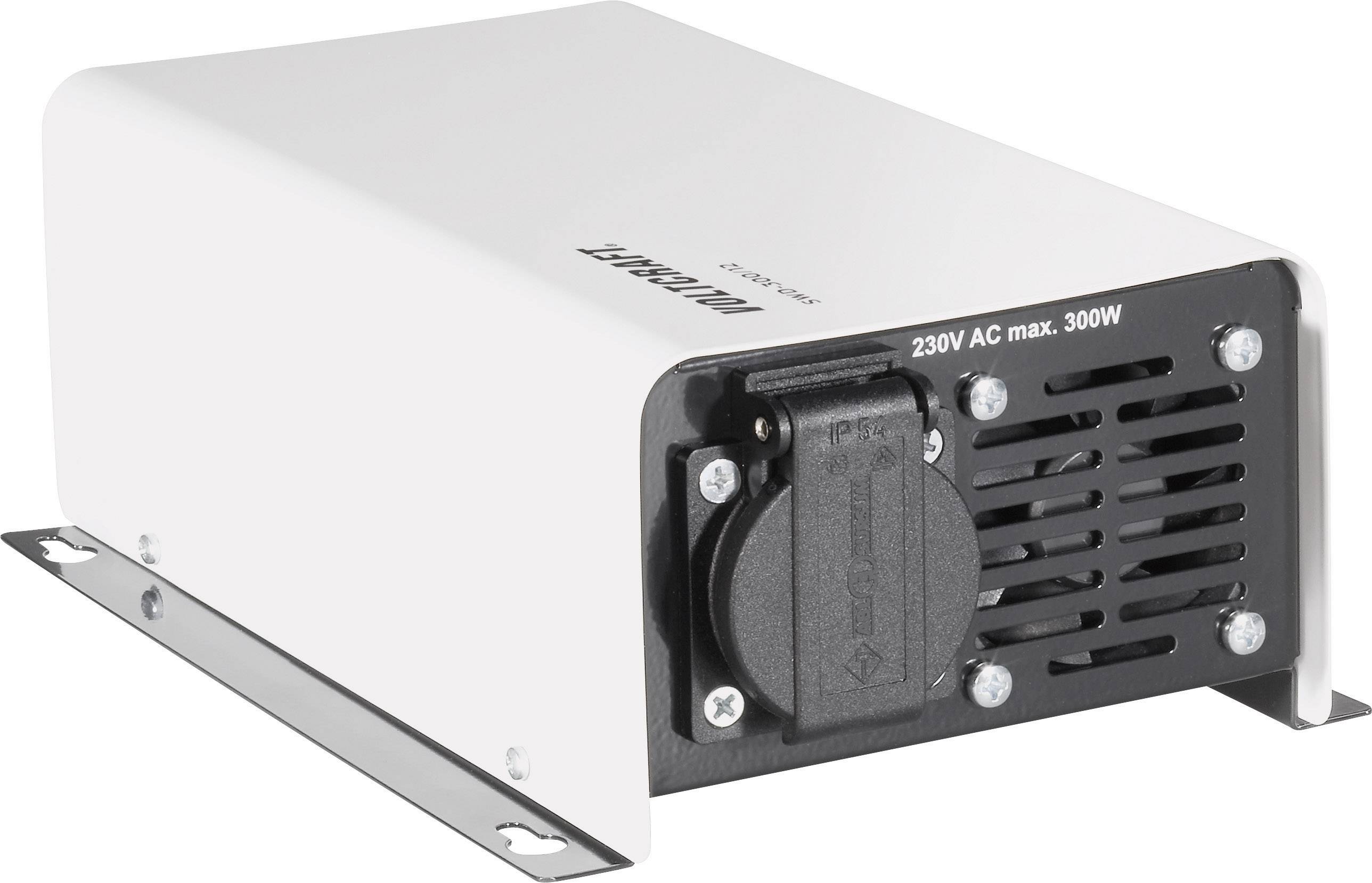 Ein weißes elektrisches Gerät mit schwarzem Frontpanel, gekennzeichnet mit '230V AC max. 300W' und Belüftungsgitter auf der Vorderseite.