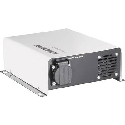 Ein weißer Spannungswandler von Voltcraft mit einer Steckdose, angegeben für '230V AC max. 600W'. Geeignet für Stromumwandlung.