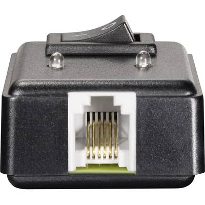 Ein schwarzer Adapter mit einem Ein-/Ausschalter und einem Ethernet-Port an der Vorderseite.