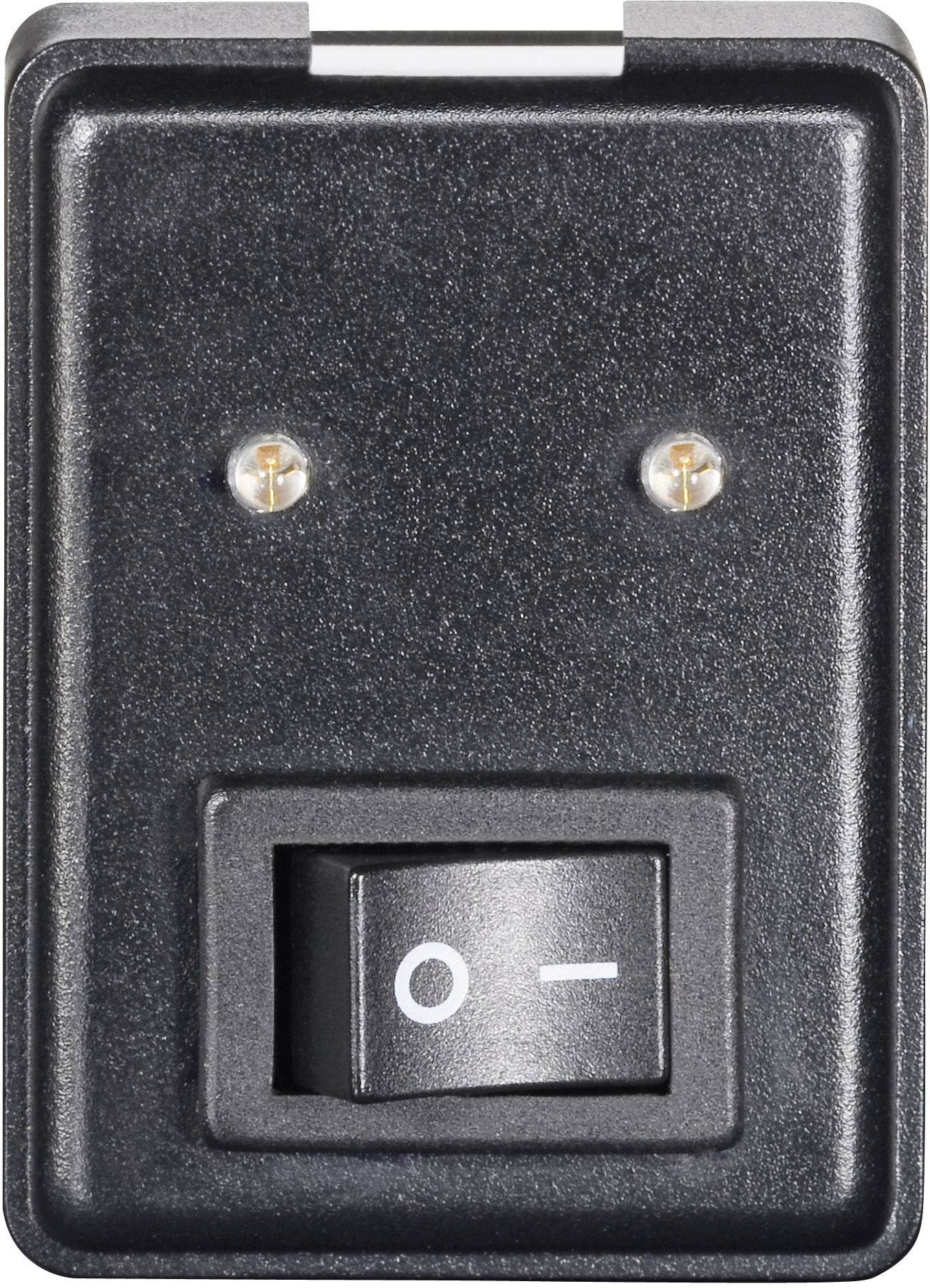 Kippschalter in der Aus-Position, auf schwarzem rechteckigem Gehäuse montiert, mit zwei silbernen Schrauben oben.