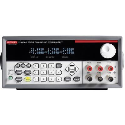 Labornetzgerät mit drei Kanälen, Anzeige von Spannungen und Strömen: CH1 21.998V, CH2 4.998V, CH3 1.400V. Drehknöpfe und Tasten zur Einstellung.