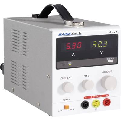 Netzgerät mit digitaler Anzeige von Spannung (5,30 V) und Strom (3,2 A). Ausgestattet mit Drehreglern für Strom und Spannung.