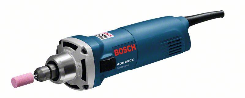 Ein blauer Bosch-Winkelschleifer mit einem rosa Schleifaufsatz am vorderen Ende, Kabel ragt aus dem hinteren Teil.