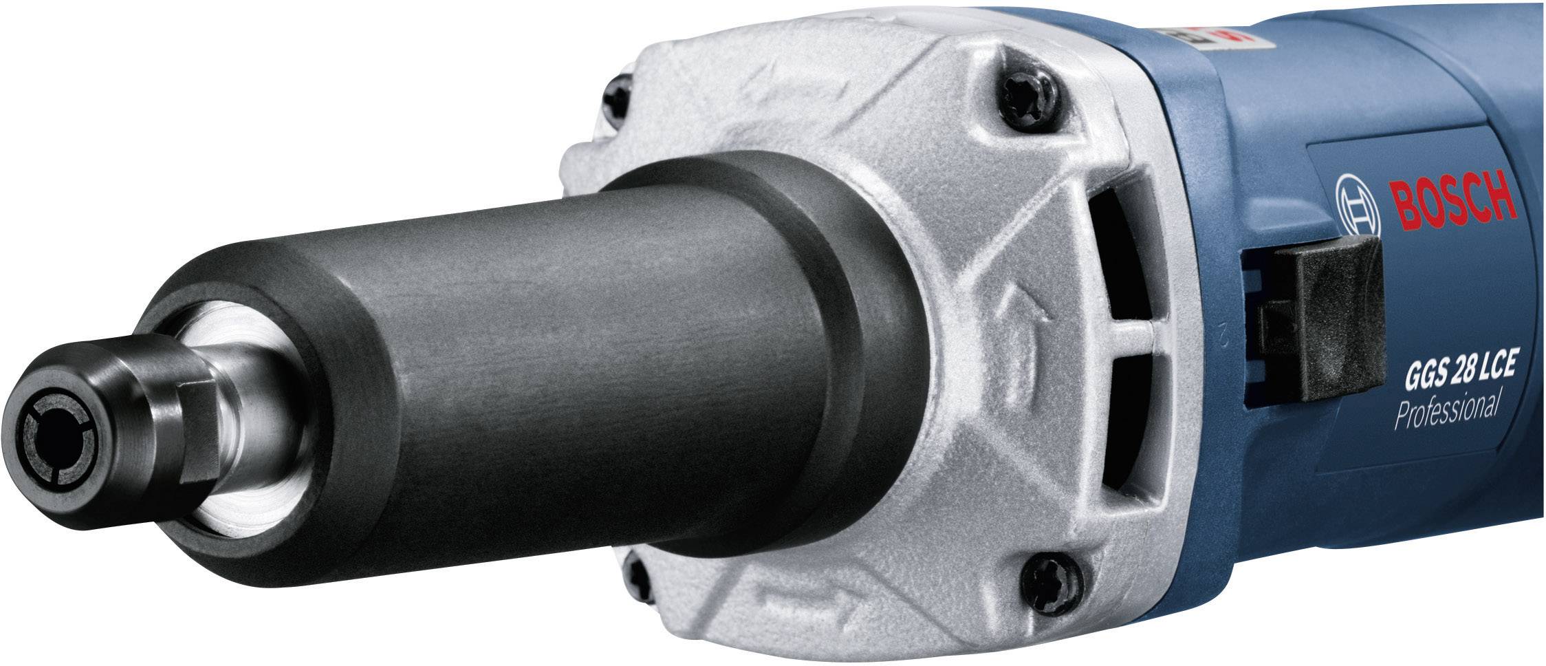 Nahaufnahme eines blauen Bosch-Geräts, vermutlich ein Schleifgerät, mit schwarzem Aufsatz. Markierung: 'GGS 28 LCE Professional'.