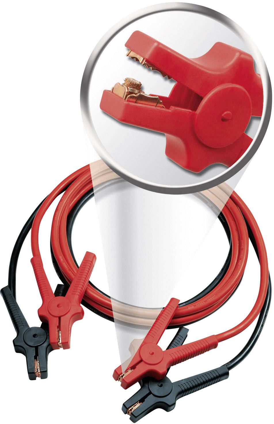 Überbrückungskabel-Set mit zwei roten und zwei schwarzen Klemmen, vergrößerte Detailansicht einer Klemme oben rechts.