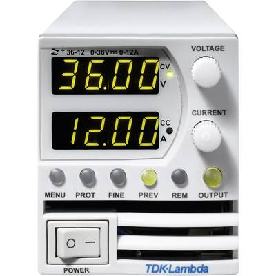 Ein digitales Netzteil zeigt auf dem Display die Spannung 36,00 Volt und den Strom 12,00 Ampere. Schalter und Drehregler sind sichtbar.