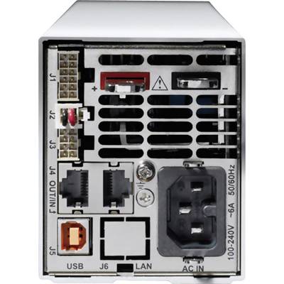 Rückseite eines Netzteils mit Anschlüssen: USB, LAN, AC Eingang, Plus- und Minuspole, Schalter und mehrere numerierte Ports.