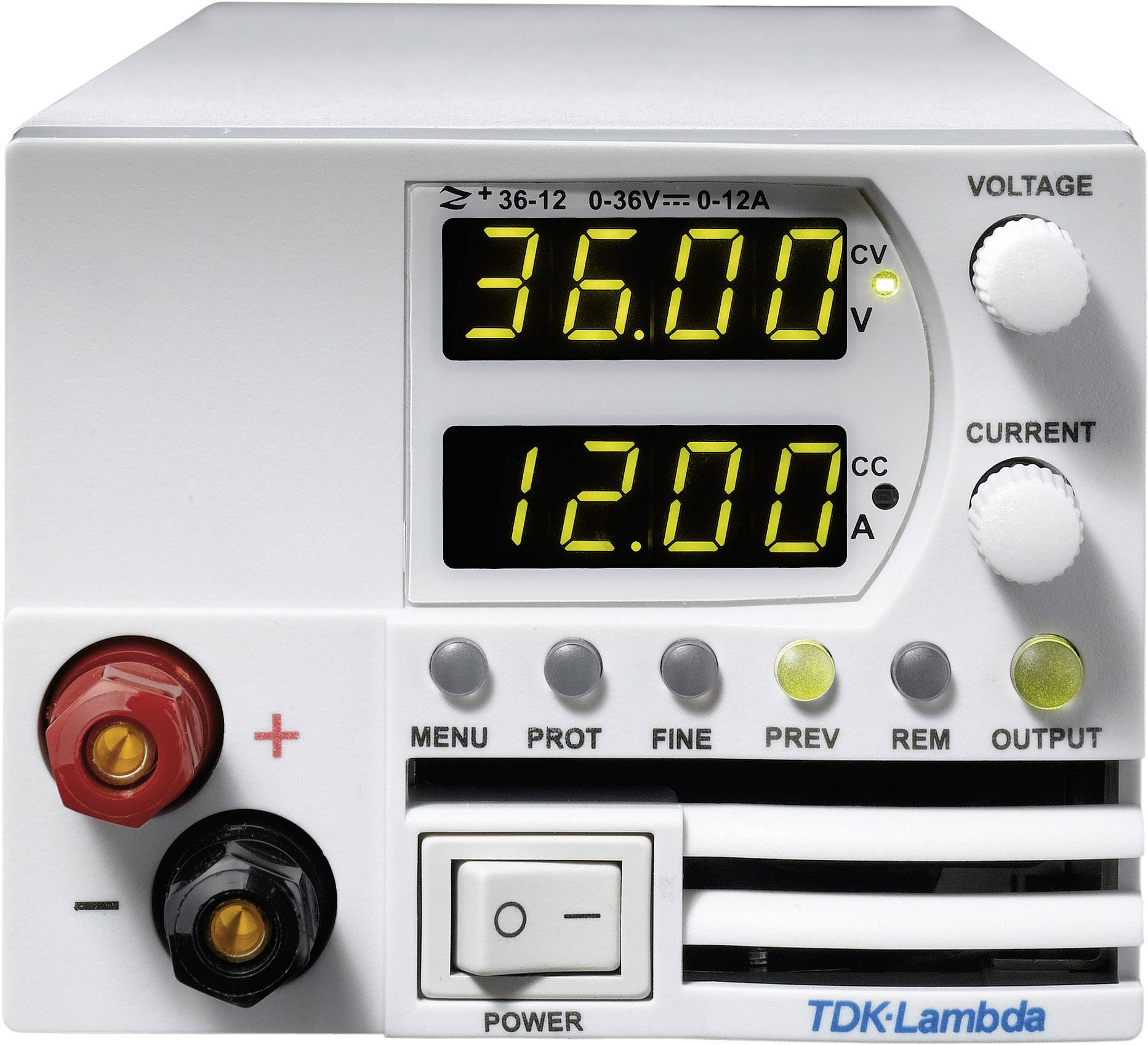 Ein Labornetzgerät zeigt 36,00 Volt und 12,00 Ampere an. Oben rechts befindet sich ein Drehknopf für die Spannungseinstellung.
