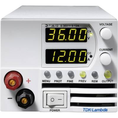 Ein Labornetzgerät zeigt 36,00 Volt und 12,00 Ampere an. Oben rechts befindet sich ein Drehknopf für die Spannungseinstellung.