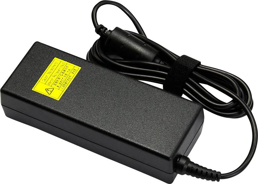 Ein schwarzes Laptop-Netzteil mit Wickelkabel und gelbem Informationsaufkleber.