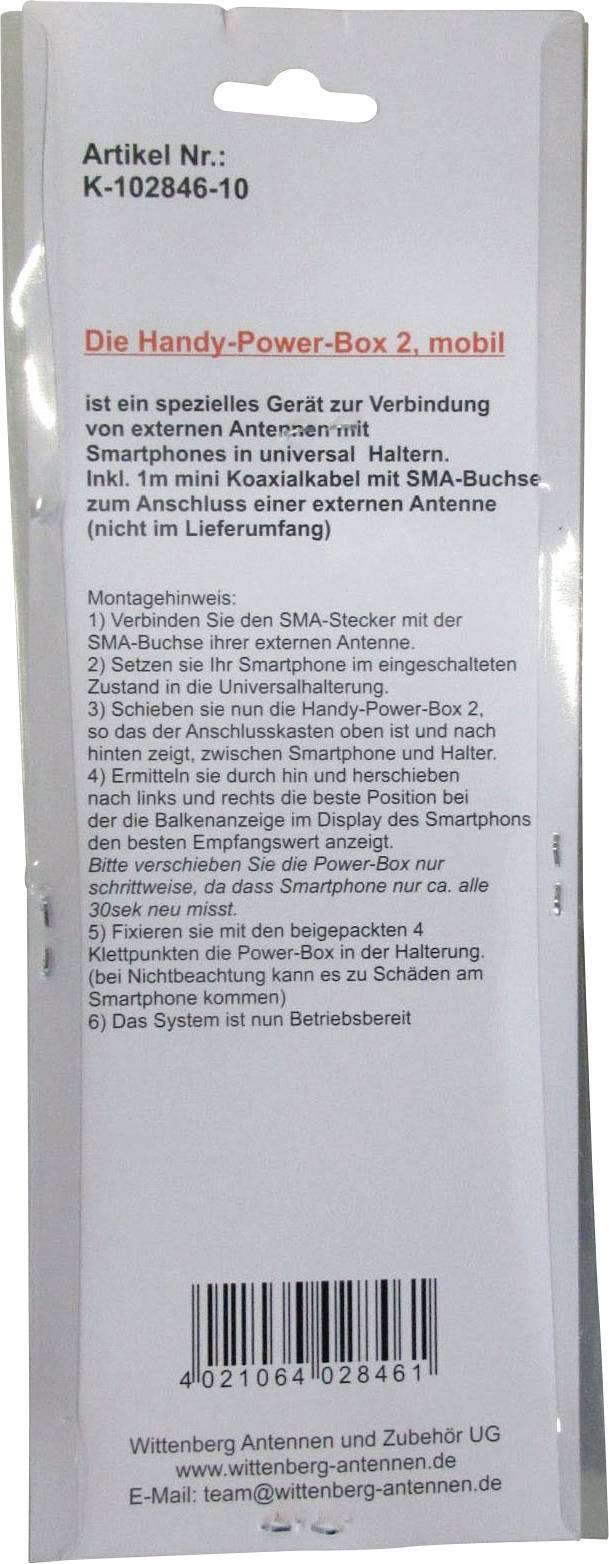 'Artikel Nr.: K-102846-10, Die Handy-Power-Box 2, mobil'. Beschreibung der Funktion und Anwendung einer Antennenbox für Smartphones.