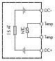 Schaltplan eines NTC-Thermistors mit Beschriftungen: 'DC+', 'DC-', 'Temp'. Ein Widerstand ist parallel zum NTC geschaltet.