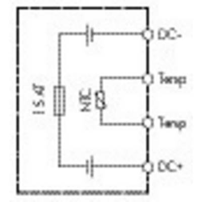Schaltplan eines NTC-Thermistors mit Beschriftungen: 'DC+', 'DC-', 'Temp'. Ein Widerstand ist parallel zum NTC geschaltet.