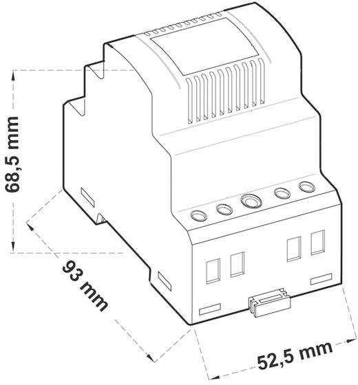 Diagramm eines rechteckigen elektrischen Geräts mit den Maßen: Höhe 68,5 mm, Breite 52,5 mm, Tiefe 93 mm.